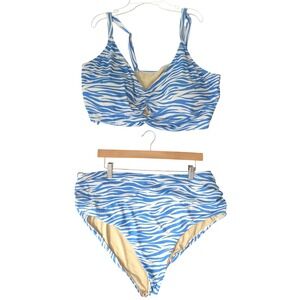 Blue White Zebra Print High Waisted Bikini Set Twist Front Ruched Swimsuit